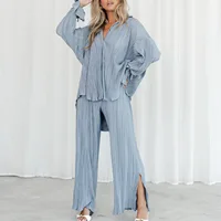 New Pajamas for Women Two-piece Set Pleated Shirt Long-sleeved Lapel Slit High Waisted Wide Pants Suit Loungewear Women Outfits - Image 2