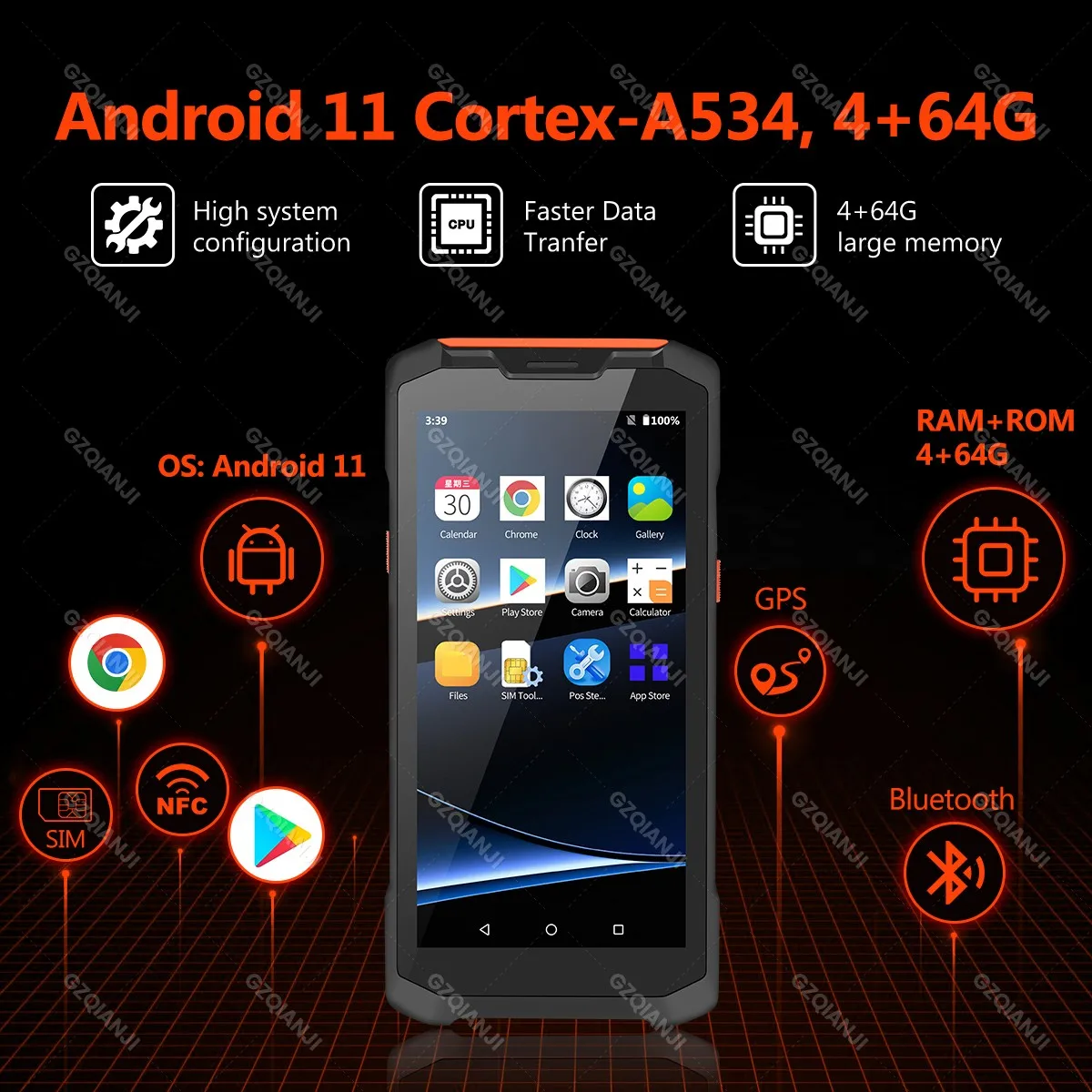 GZQIANJI 휴대용 러기드 PDA 1D 2D QR 바코드 리더, 4G WiFi BT POS 터미널 데이터 수집기, NFC 2024, 안드로이드 11, 4GB, 64GB