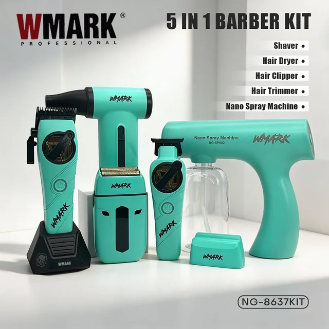 WMARK Tondeuse homme Professionnel Rasoir électrique homme Tondeuse à cheveux 5 en 1 Kit de coiffure professionnel Rasoir Sèche-cheveux et Flacon vaporisateur Réglable Tondeuse à cheveux pour hommes NG-8637 KIT 1