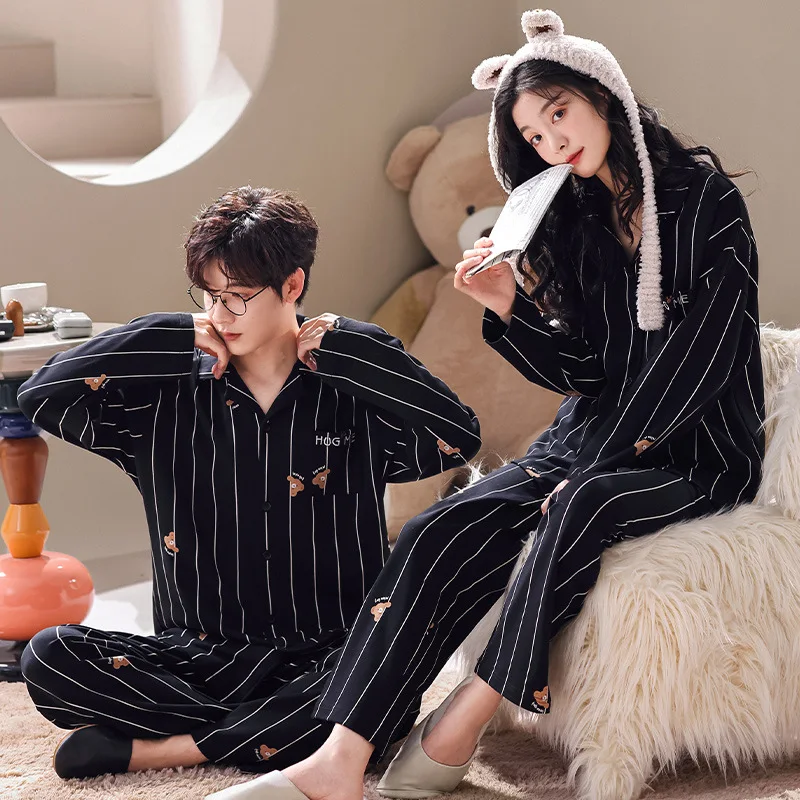 High Quality 95% Cotton Homewear for Couples Autumn Men's Cardigan Pajamas Set Women Nightwear Fashion Pijamas Pyjamas Hombre