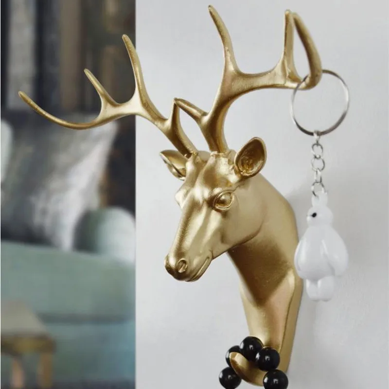 Creative Animal Head Hooks Free-punch Coat hooks Vinyl Sticky Decorative Hook Wall Hanging Gold Deer Head Keys Hanger 5