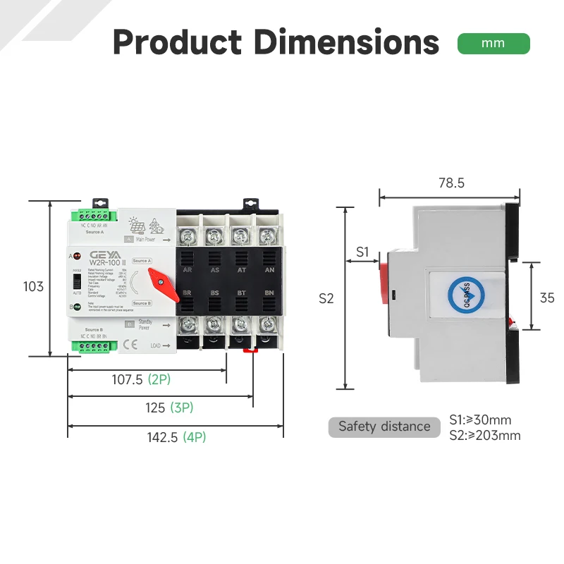 GEYA W2R 그리드 PV 시스템 전력 전송 도시 전원 이중 전원 자동 전송 스위치 Din 레일 4P 63A 100A AC220V ATS 110V