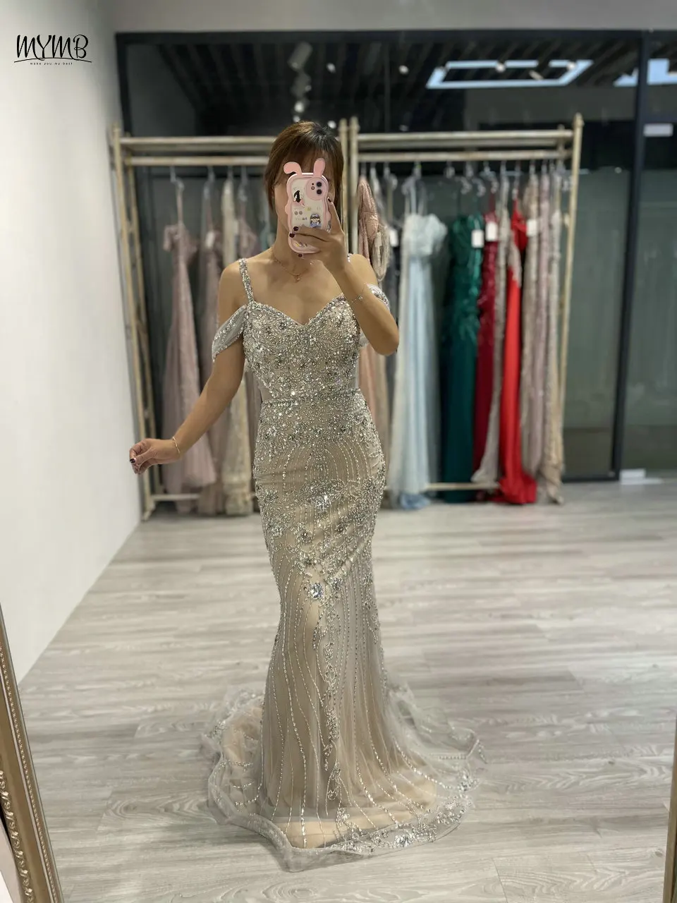 MYMB Luxuriöses grünes Meerjungfrau-Abendkleid mit Spaghettiträgern für formelle Anlässe, schulterfreies Hochzeitsgastkleid mit glitzernden Perlen – Detail 6
