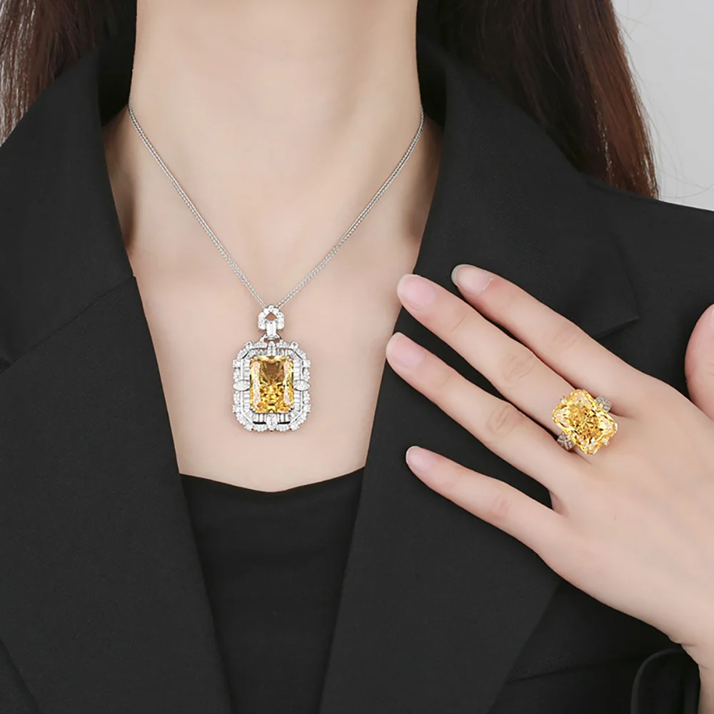 2025 Trend 15*20mm Topaz Pendant Necklace Rings Set for Women Vintage Gemstone Lab Diamond Party Fine Jewelry Sets Female Gift 4