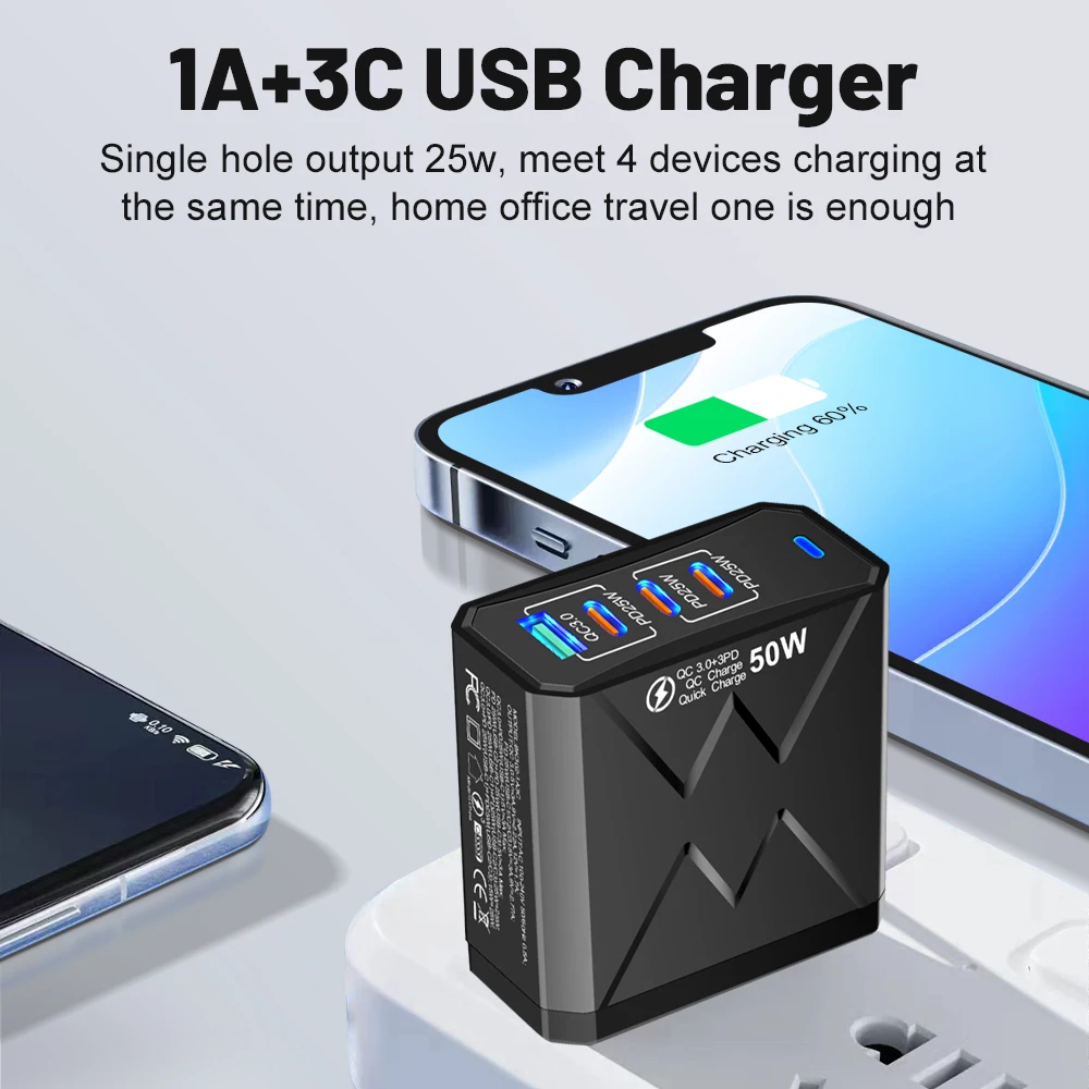 Total 100W 4Ports Charger USB Quick Charging 3.0 Mobile Phone Wall Adapter For iPhone Samsung Xiaomi Huawei Fast Charge