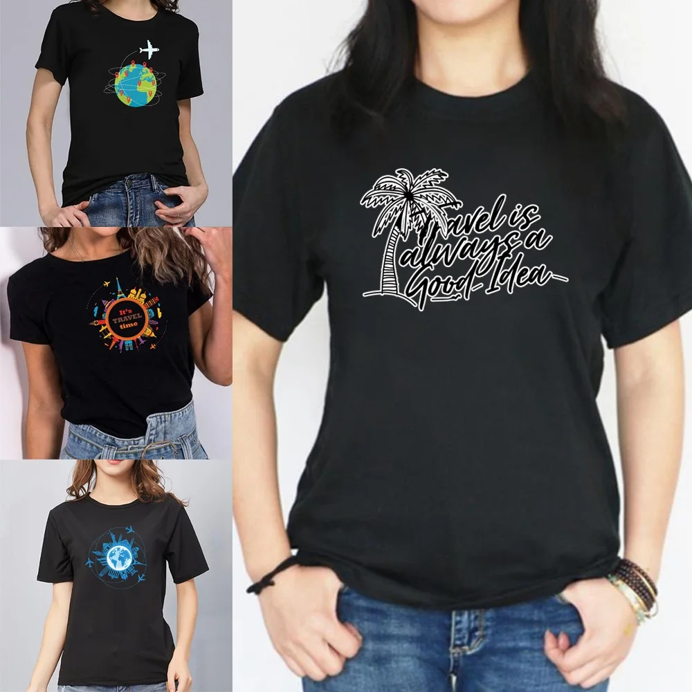 

T-shirt Women Harajuku Summer Tee T-shirt 2022 Fashion Black Casual Couple Cartoon Travel Print Short-sleeved Top