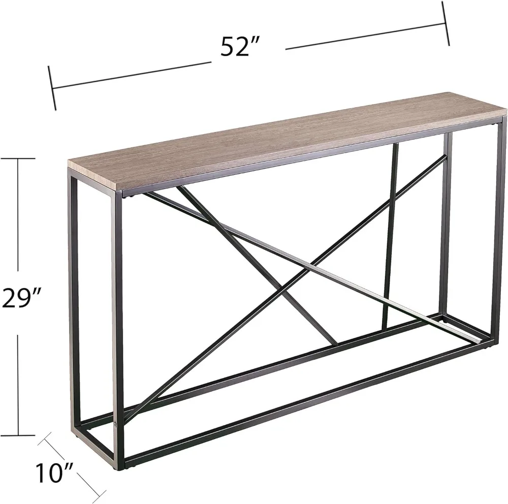 Modern Gray Console Table for Living Room, Slim Design with Faux Stone Top, Powder-Coated Iron Frame