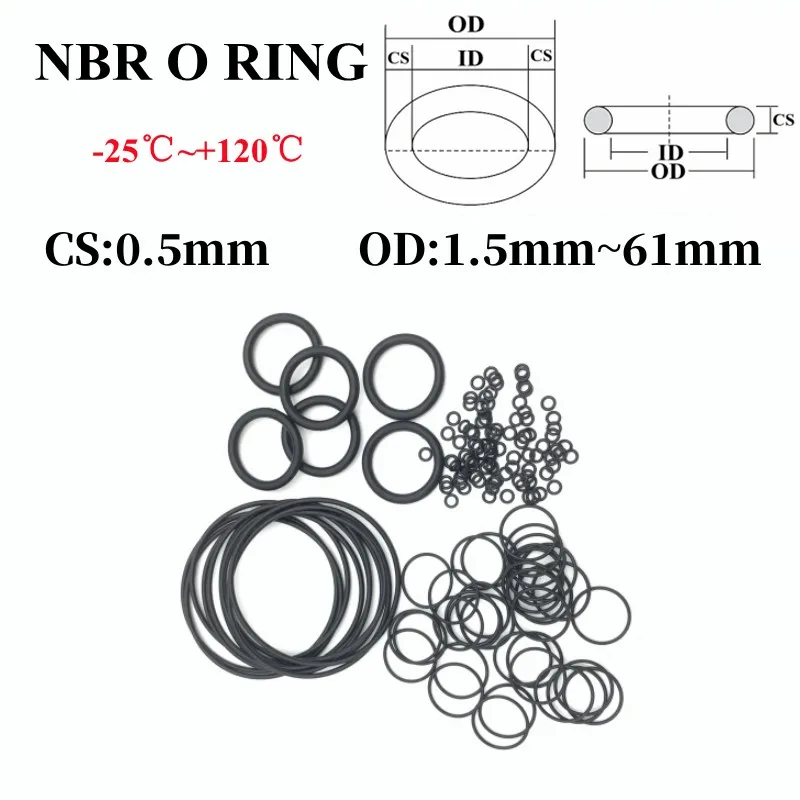 50pcs Black O Ring Gaskets CS 0.5mm OD 1.7 ~ 61mm NBR Automobile ...