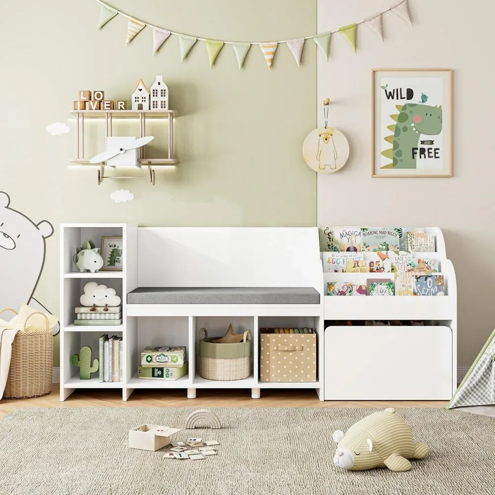 67" Kids Reading Nook,Kids Bookshelf and Bookcase with Seat Cushion and 6 Storage Cubbies, Toy Storage Box on Wheels, Toy Chest 4