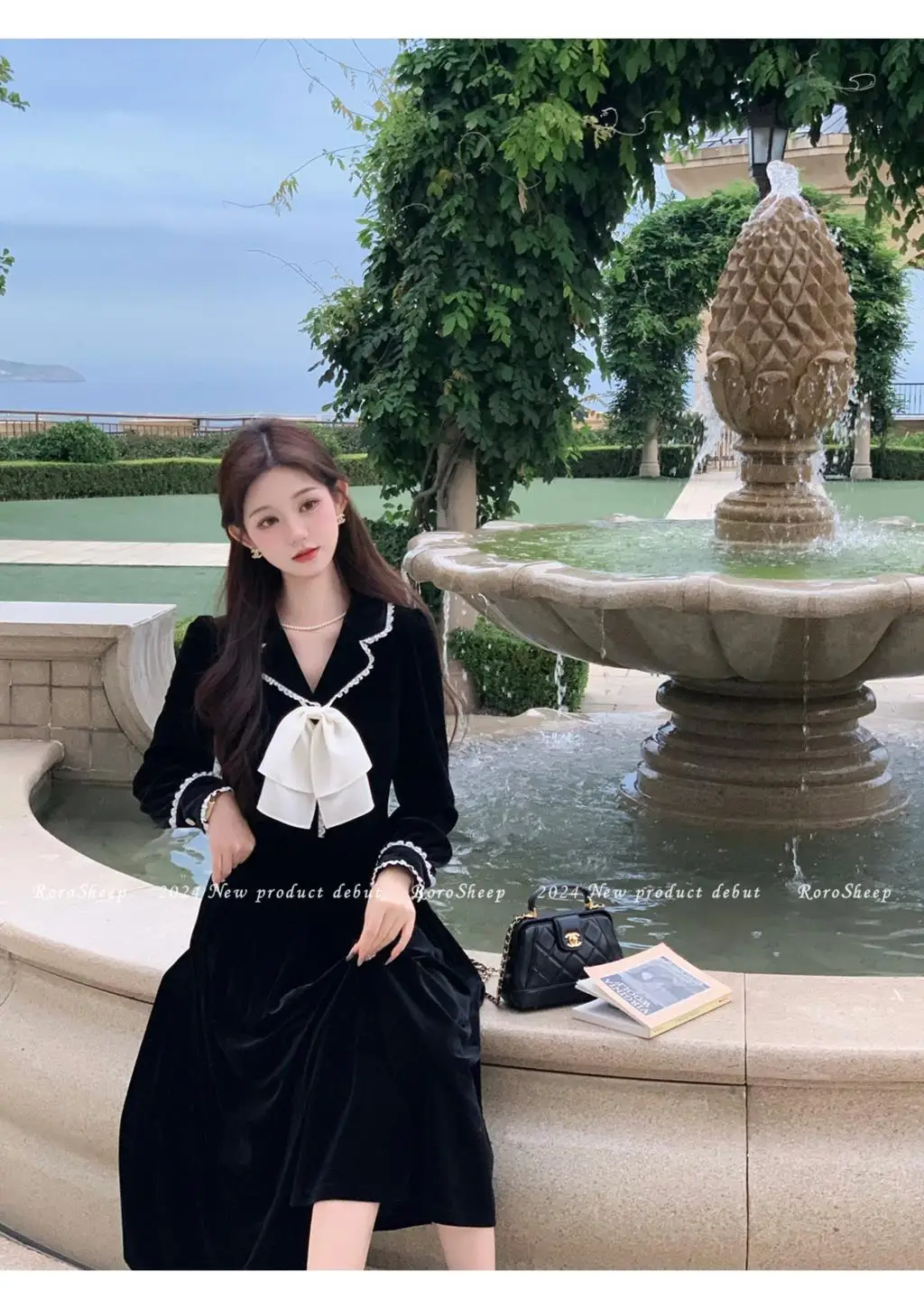 Elegant Vintage Lapel Midi Dresses for Women Bow Long Sleeve Birthday Party Dress A-line Autumn New Korean Fashion Vestido Mujer