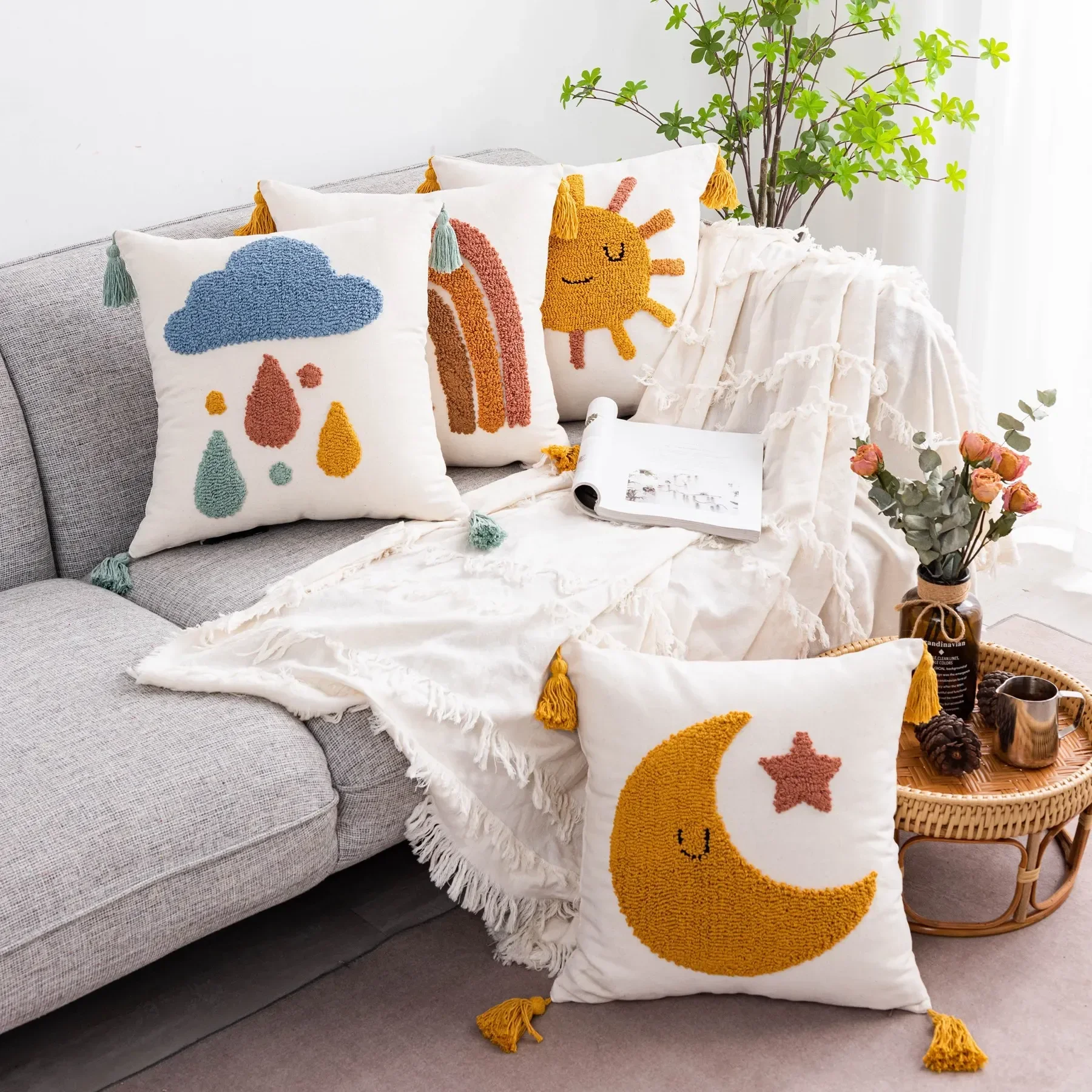 45X45CM Sun Moon Rainbow Loop Tufted Print Cushion Cover Boho Cotton Linen Cartoon Embroidery Pillow Case  Pillows Decor Home