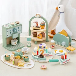 Wooden Kitchen Pretend Play Toy Kids Wooden Toys Coffee Maker Set Cake Ice Cream Tea Playset Toddler Learning Educational Toys