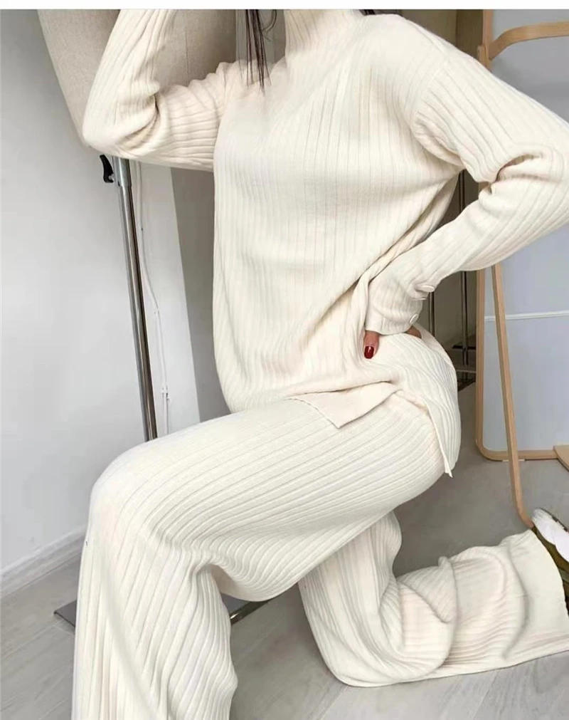 Women Spring Autumn Knitted 2 Piece Set Casual Tracksuit Long Sleeve Sweater And Wide Leg Jogging Pants Pullover Suits pant suits for older ladies