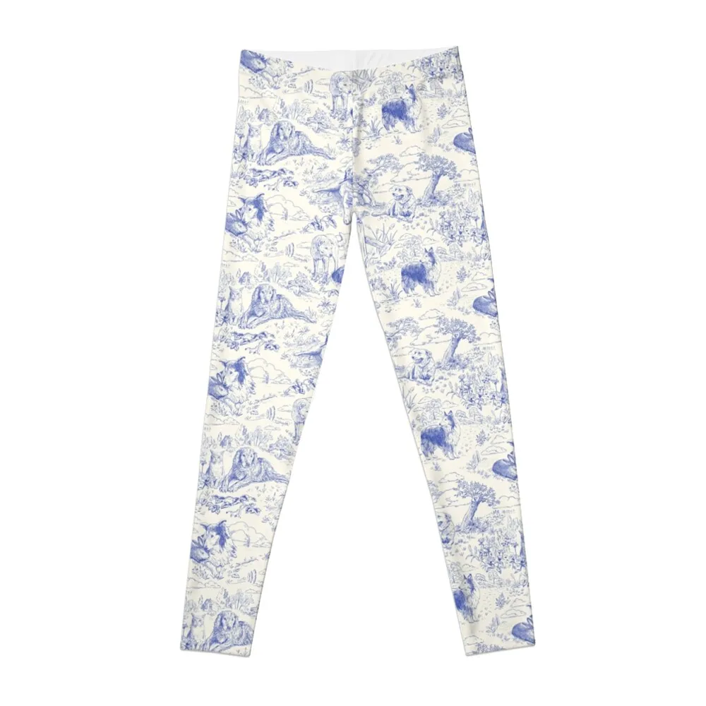 Country Dogs Toile with Collie, Aussie and Jack Russell Terrier in Blue and White Leggings gym sportswear woman Womens Leggings