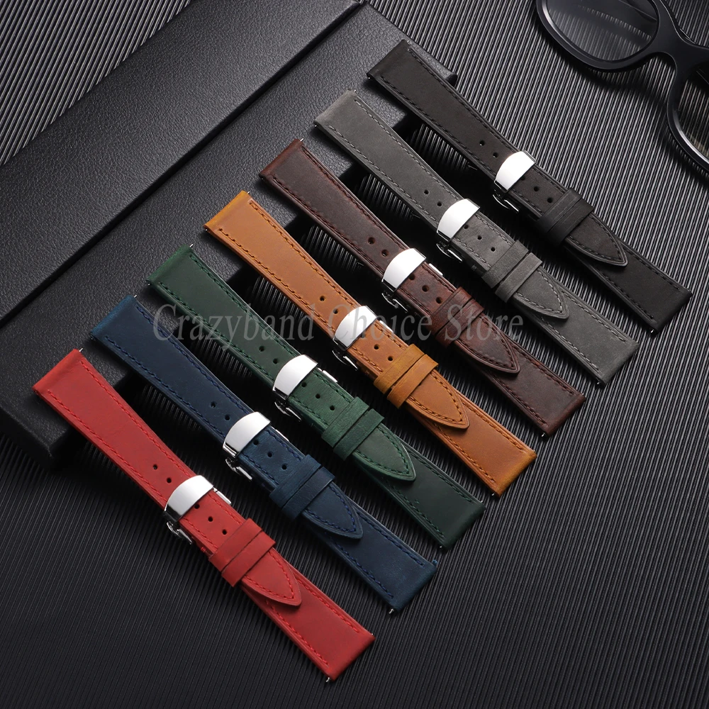 Elegant Brown Calfskin Leather Watch Strap with Butterfly Buckle