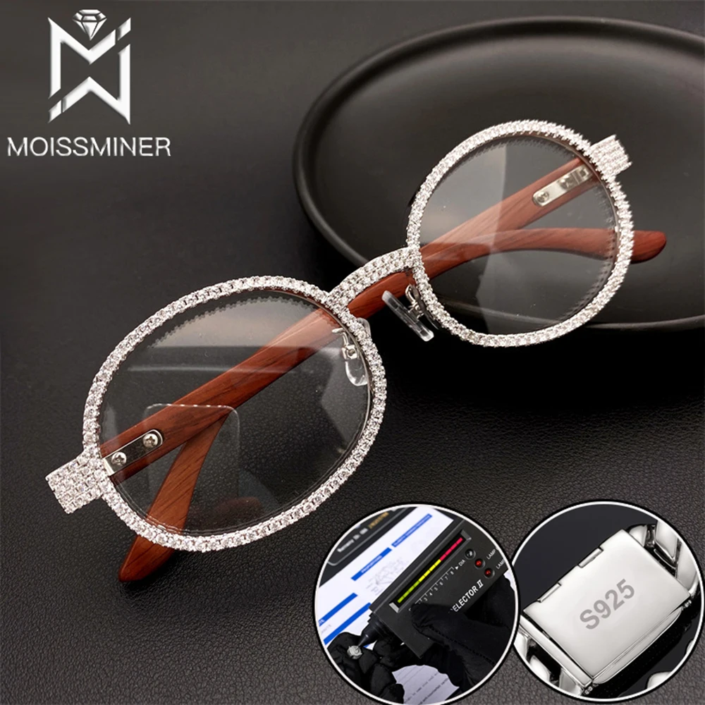 Moissanite Sun Glasses S925 Silver Wood Body Bling Real Diamond Glasses For Women Men Luxurious Jewelry Pass Test No Lenses luxury wooden watch jewelry box double layer red wine jewelry watches glasses display storage box organizer wood case gift box