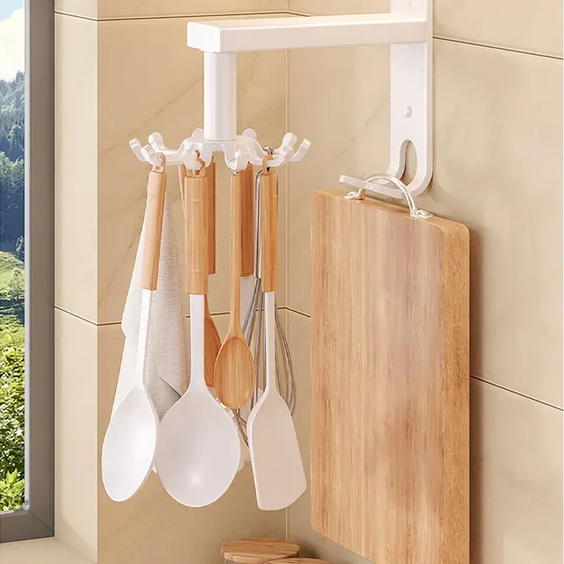 

360° Swivel Wall Mounted Rack Spatula Skimmer with Hook Utensil Holder Rotating Shelf for Kitchen Cutting Board Storage Supplies