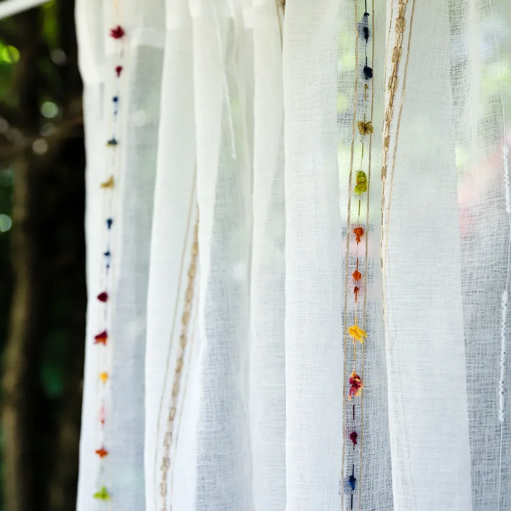 Faux Linen Stripe Pattern Sheer Curtains for Kitchen Embroidered Colorful Rainbow Sheer Voile Short Window Drapes