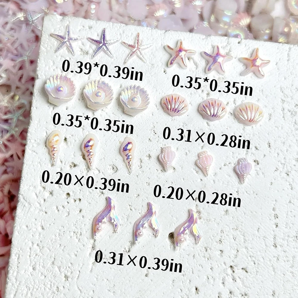 50개 여름 해변 바다 테마 네일 라인스톤 믹스 쉘 불가사리 핑크 젬 플랫 백 참 장식 매니큐어 데코 네일 아트 용품