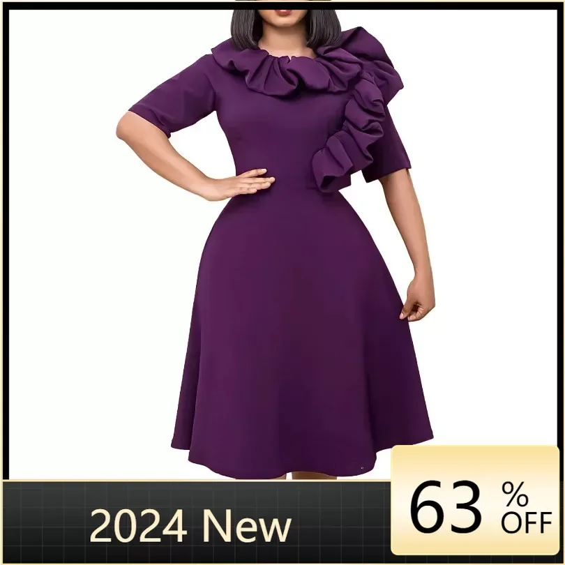 

Платья в африканском стиле для женщин, весна-лето 2024, элегантное платье средней длины из полиэстера фиолетового, синего, красного цветов с коротким рукавом, африканская одежда