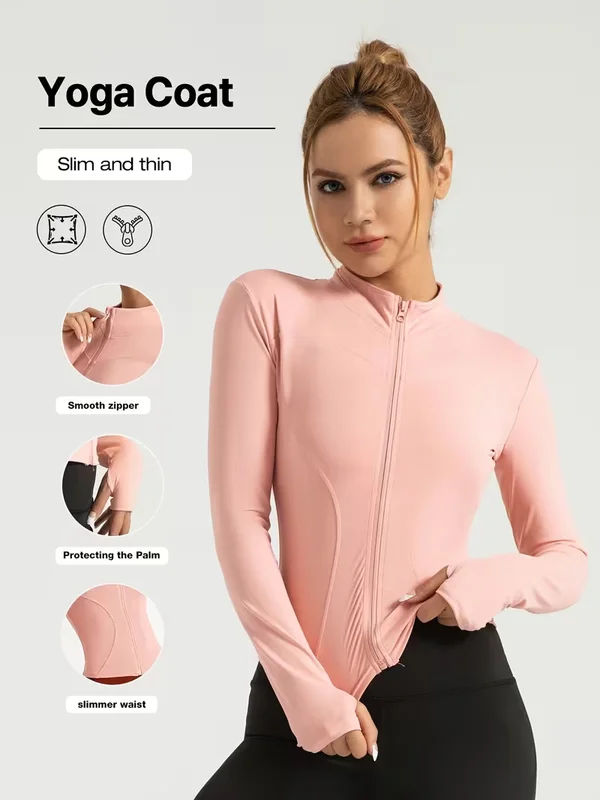 Women Slim Fit Stand Collar Sports Jacket Zip Up Yoga Jacket Quick Dry Slim Waist Running Workout Coat For Spring