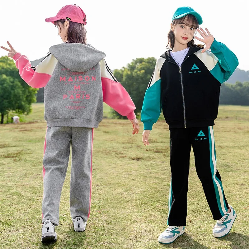 

Baseball Hooded Coats+Pants 2Pcs Suit Spring Autumn Teen Girls Clothing Set Fashion Letter Printing Outfits Kids Tracksuit 4-14Y