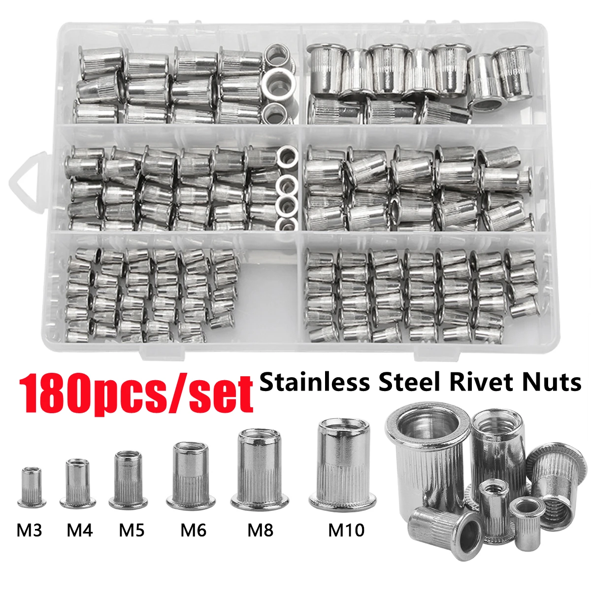 180/100Pcs Stainless Steel Rivet Nuts Flat Head Rivet Nuts Set Nuts Insert Riveting M3 M4 M5 M6 M8 M10 Nut Sets Kit