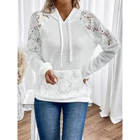Plus Size New Women Solid Loose Lace Hooded Hoodie Fashion Long Sleeve Hook Flower Hollow Pockets Pullover Tops