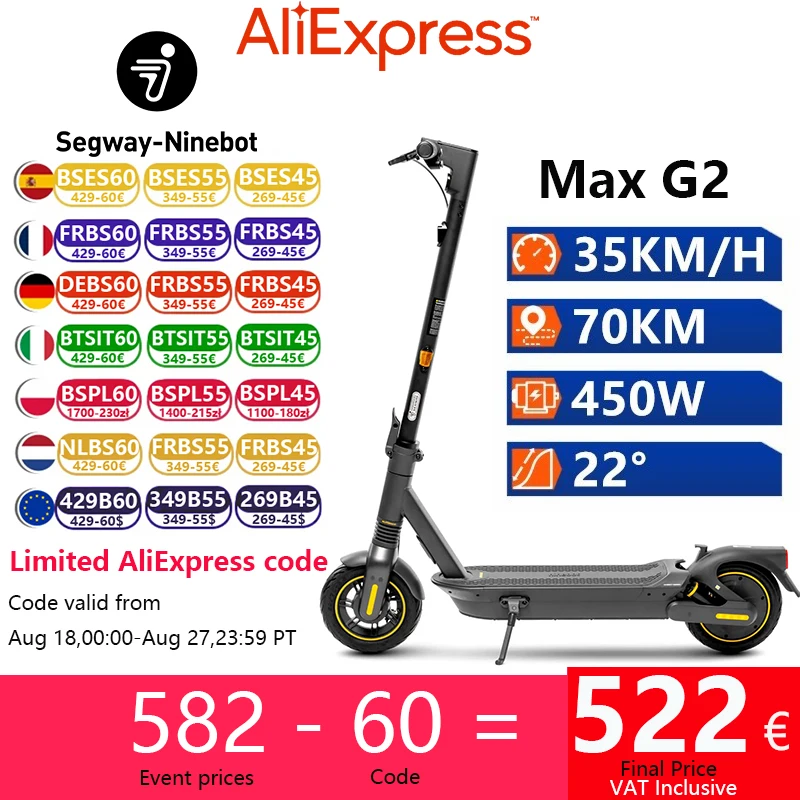 Stock UE Ninebot di Segway Max G2 Smart Scooter elettrico 35KM/H
