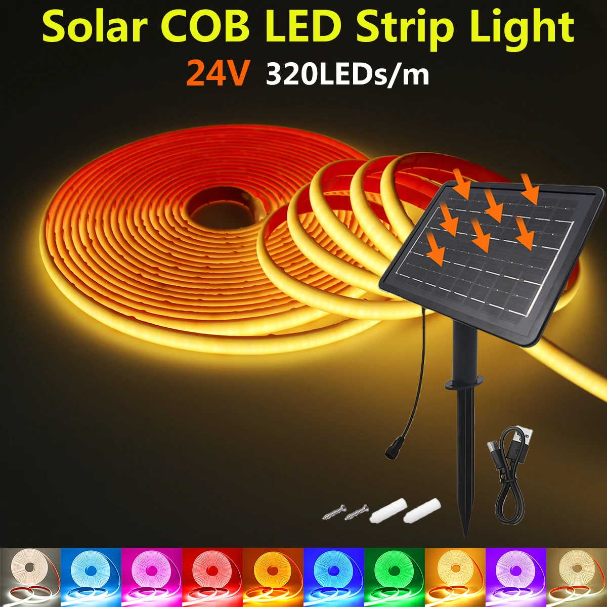 High-Density 24V Solar COB Neon Light Strip - Waterproof Flexible Warm White/Color Options, 320 LEDs/m