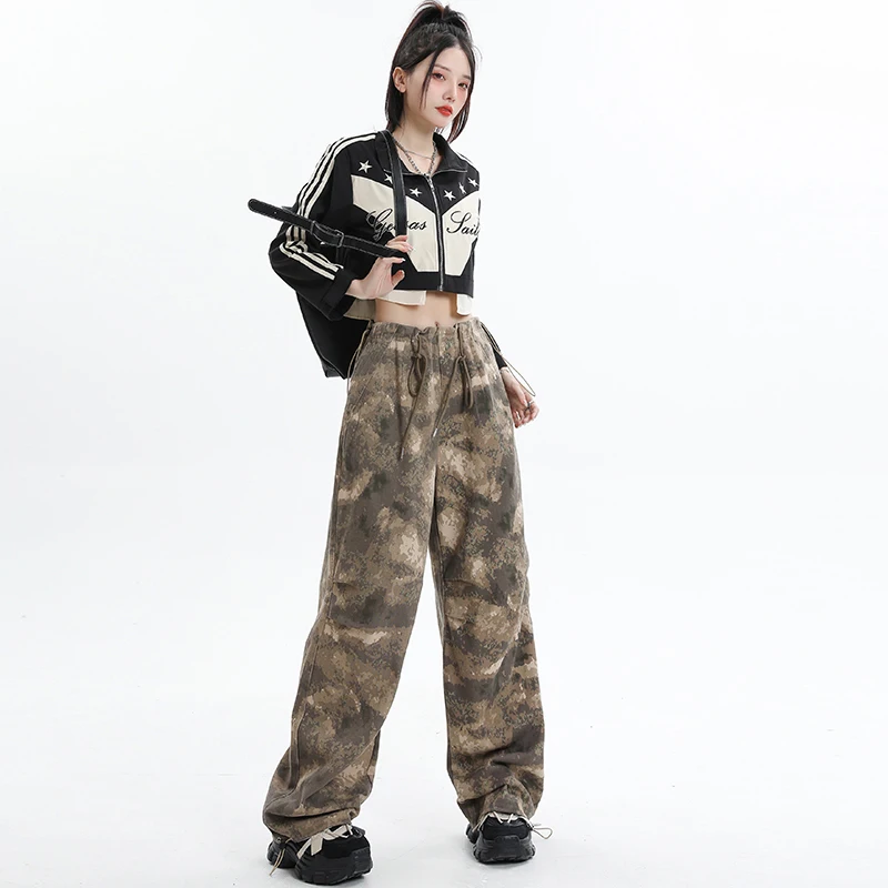 Camouflage Overalls Women Autumn and Winter American High Street Drawstring Pants Female Casual High Waist Straight Leg Pants