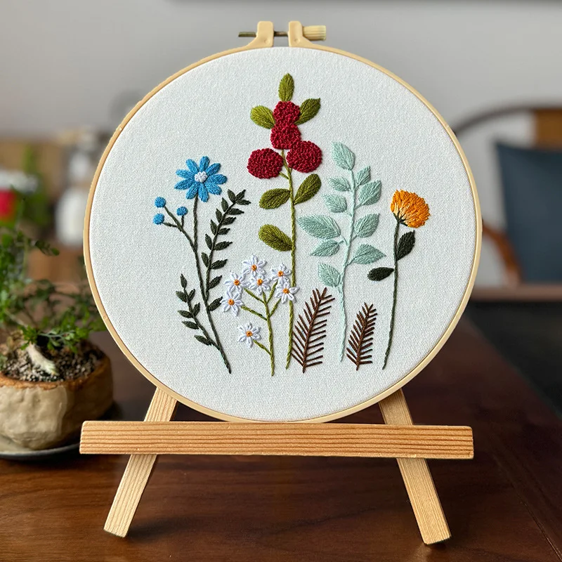 Simple Flower Grass Embroidery Kit for Adult Beginner with CN EN Instructions Thread Needle Stamped Cloth