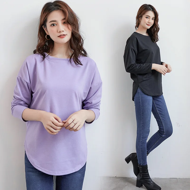 

Махровый хлопковый пуловер, свитер, Женская осенне-зимняя Однотонная футболка с круглым вырезом и длинным рукавом, большой Свободный Топ