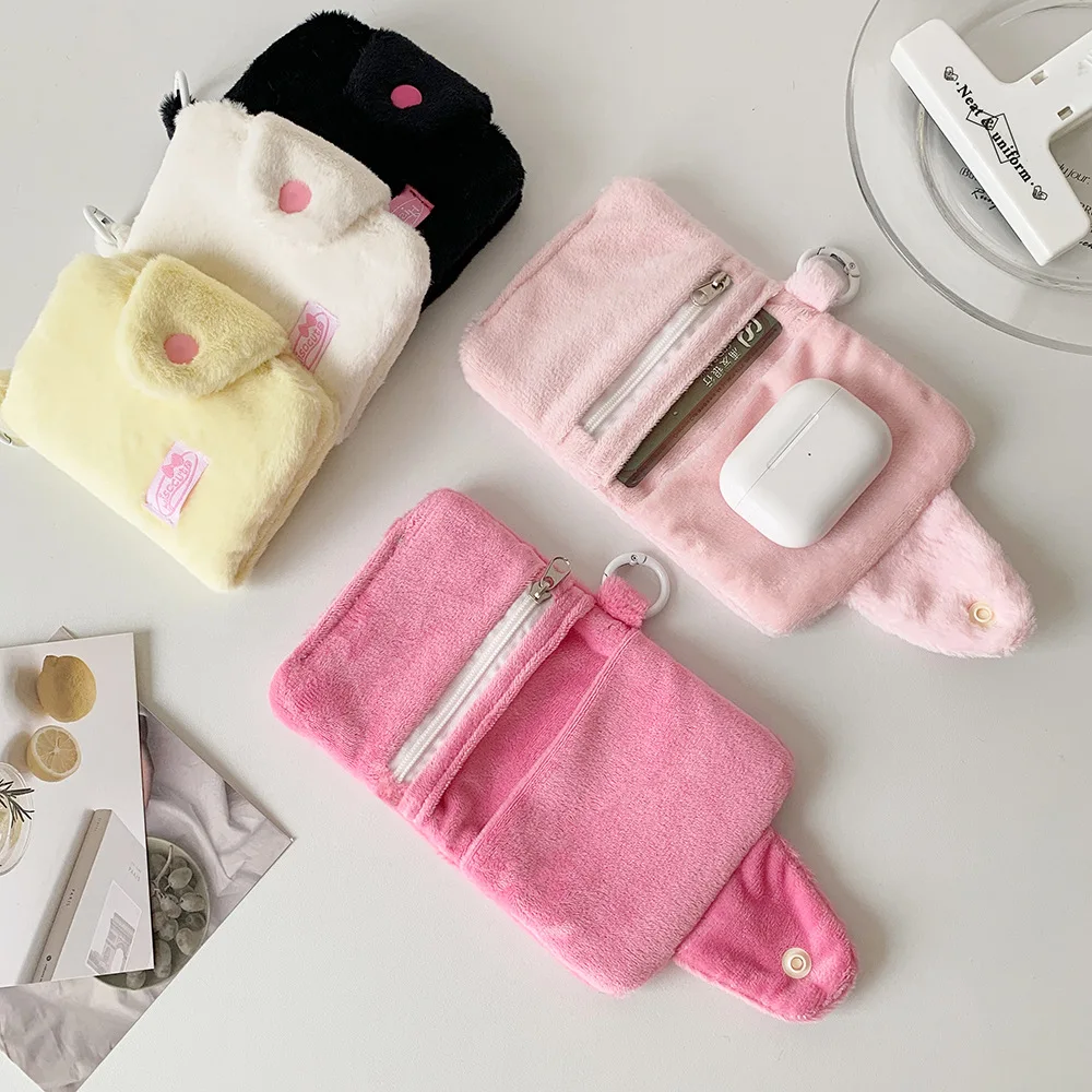 New Girl Style Kawaii Coin Pouch Ins Cute Plush Candy Color Card Holder Mini Air Pods Organizer Keychain Decoration
