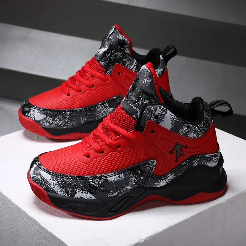 Kids Shoes Basketball Field Training Tennis High-top Leather Comfortable Boots for Kids red sneakers