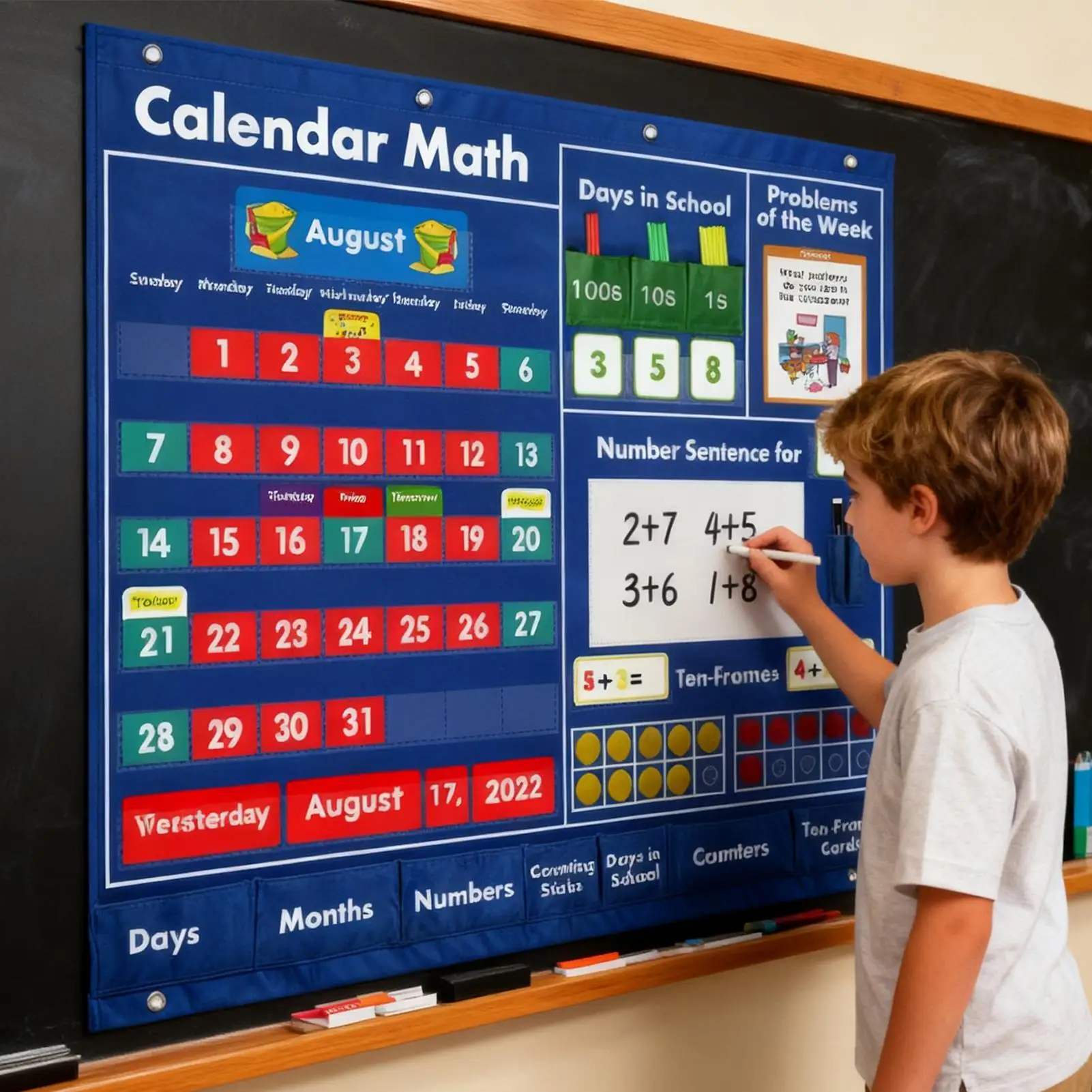 Daily Math Calendar Educational Double-Sided Activities Teacher Pocket Chart For Kids Boy Teacher Parent Holiday Classroom Home