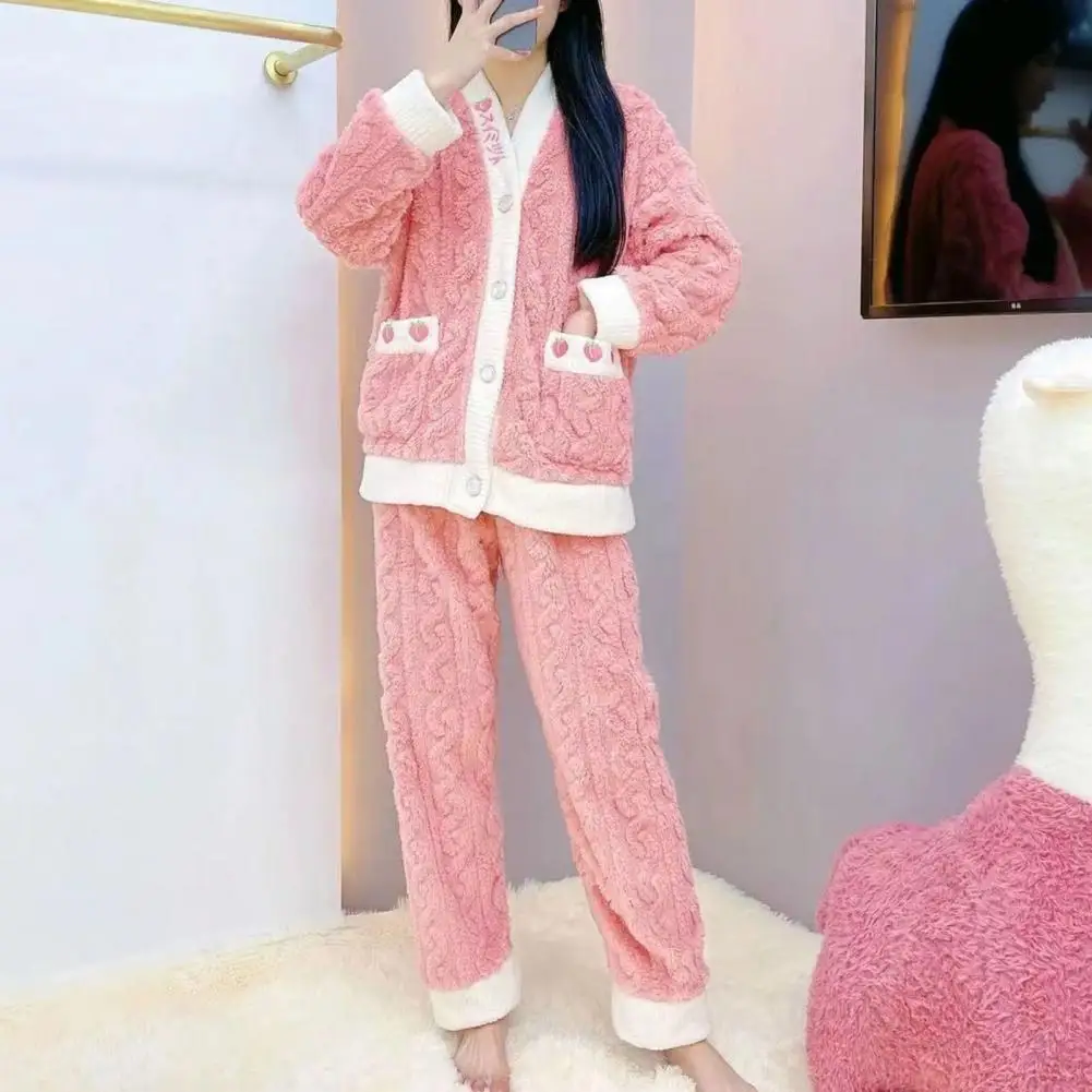 

Plush Pajama Set Cozy Cartoon Fruit Print Winter Pajama Set with Coral Fleece Top Elastic Waist Trousers for Women Homewear Coat