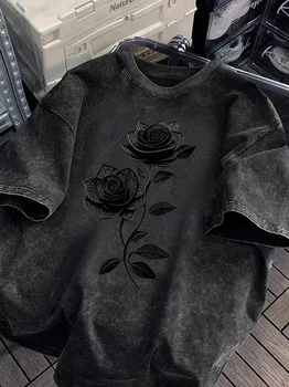 Dark Black Rose Graphic Print T Shirt Washed Vintage Casual Loose Streetwear Daily Wear Short Sleeve Goth Top for Women 1