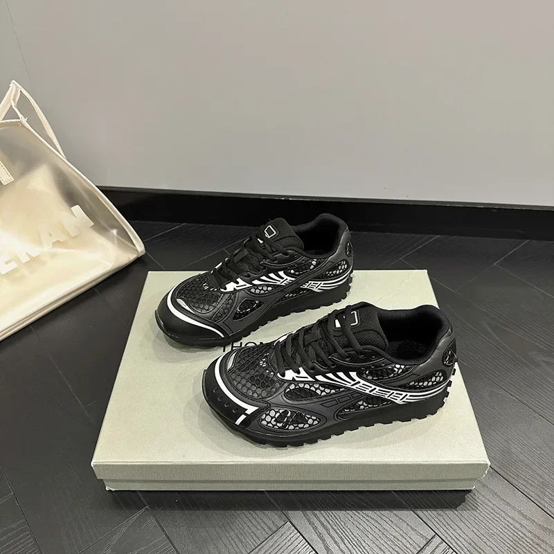 Women's luxury flat sneakers, patchwork leather shoes, optical sole, air mesh, running and walking, couples wear, fall 2024 3