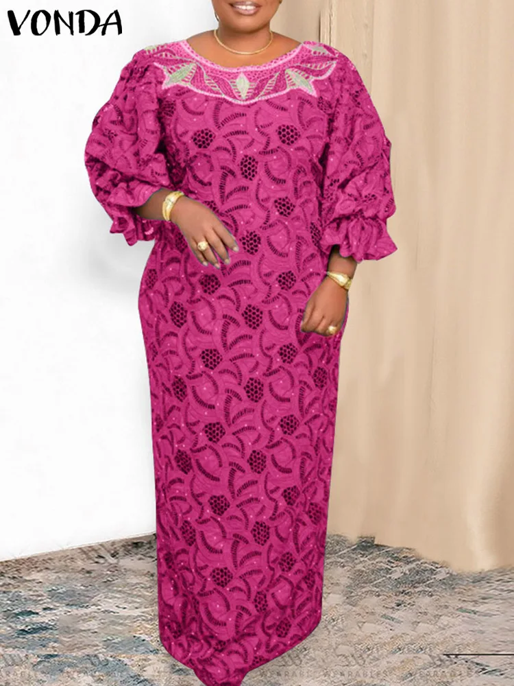 

VONDA 2024 Summer Maxi Long Dress Bohemian Women Three Quarter Round Neck Vintage Lantern Sleeve Sexy Printed Sundress Vestidos