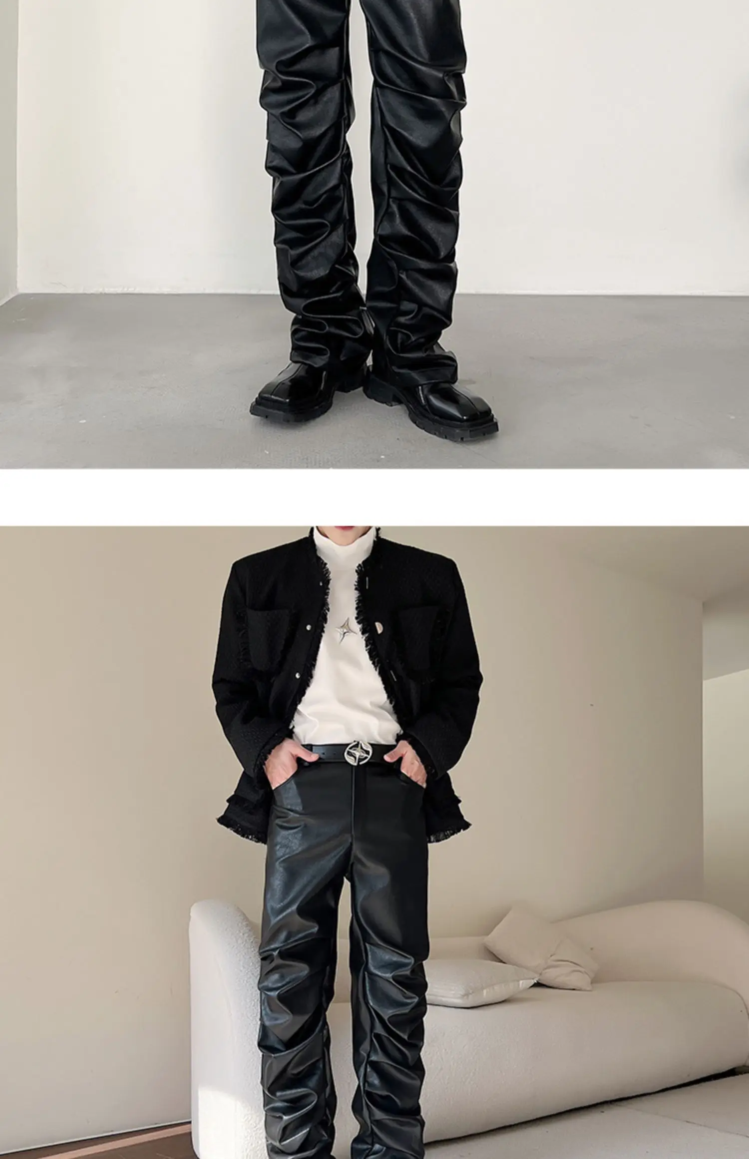 Description Picture 3 of itemLUZHEN High Street Pleated Design Leather Pants Men's Fashion 2024 New Original Straight Trousers Wide Leg Trendy Spring LZ3114