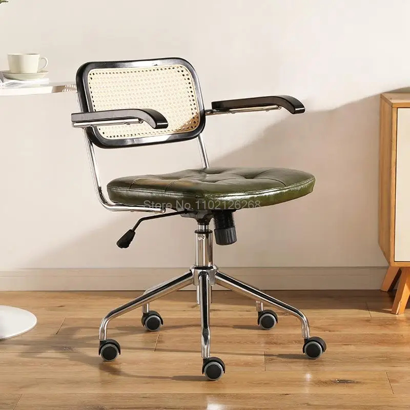Rattan Office Chair Leather Japanese Retro Chair Computer Chair Home Swivel Chair Study Desk Chair Lift Chair Celebrity Seat