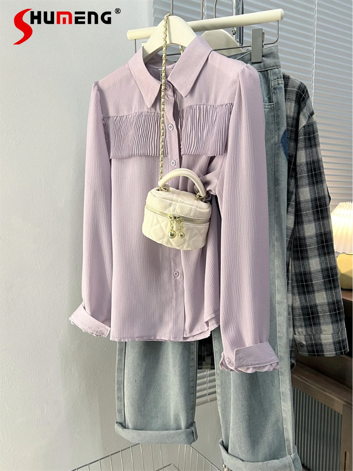 Fashionable Elegant Pleated Long-Sleeved Chiffon Shirt Women 2024 Spring New Younger Single-Breasted Shirts Women's Clothes