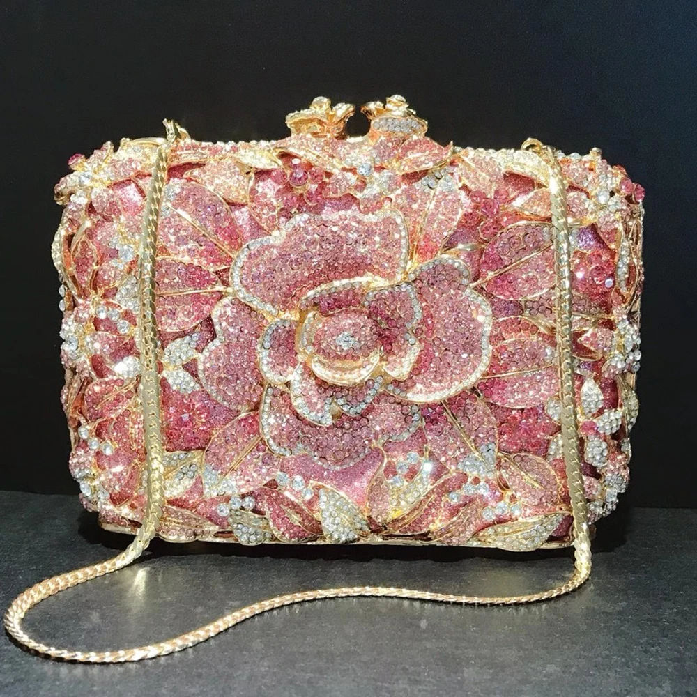 

WHTUOHENG Floral White/Pink Red Diamond Wedding Women Clutch Bags Dinner Banquet Clutches Crystal Chain Evening Purses Handbags