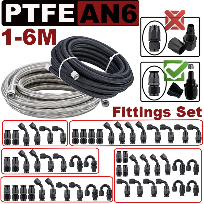 

1~6M AN6 6AN Nylon Stainless Steel PTFE Brake Hose E85 Car Fuel Oil Turbo Cooler Line Pipe Tube + Swivel Hose End Fittings Set