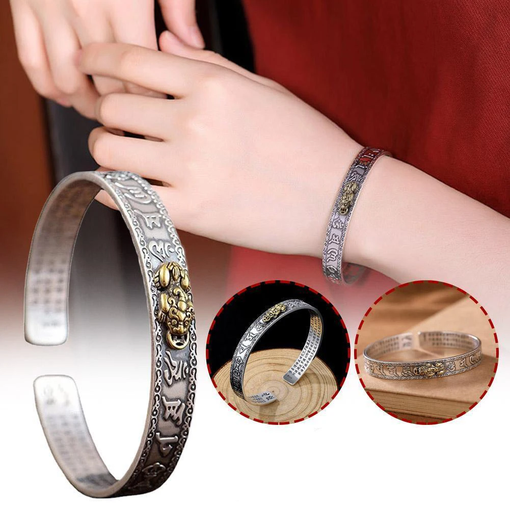 Antique Silver Plated Feng Shui Pixiu Open Bangle Bracelet for Men Women Unisex Wristband Pixiu Wealth Good Luck Jewelry Gifts 6
