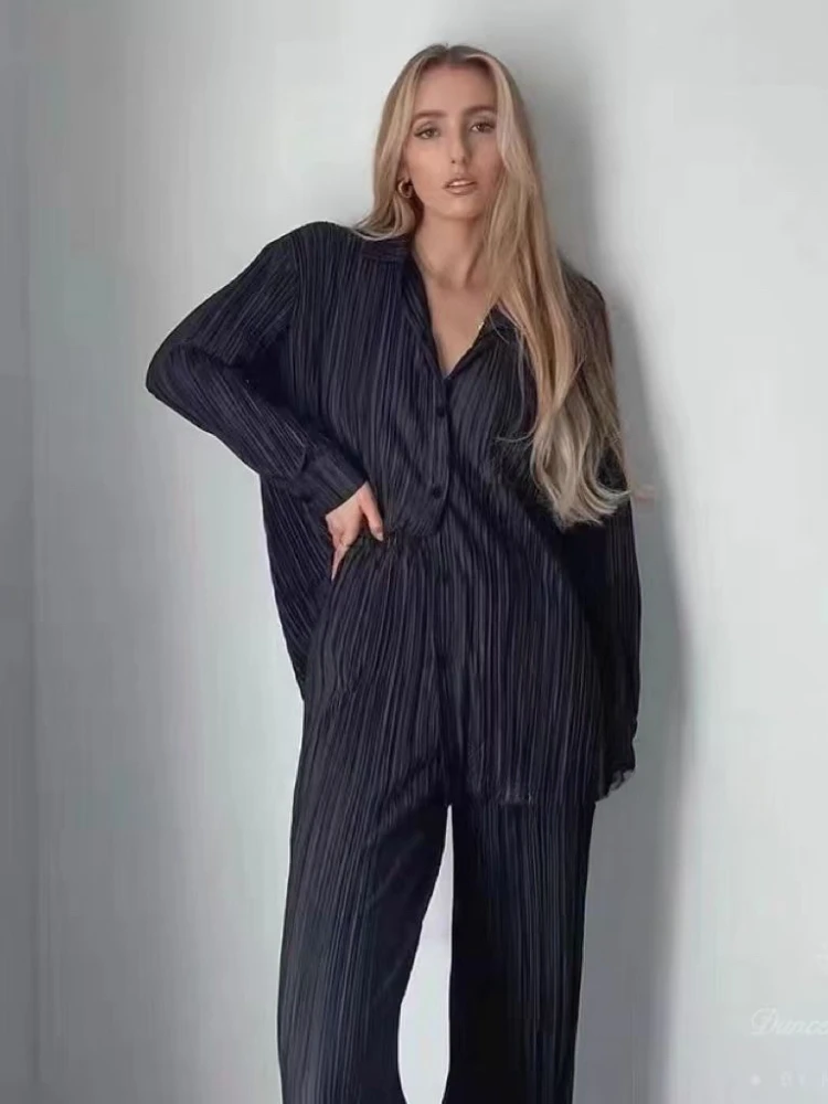 

Fashion Women Streetwear Set 2023 Loose Sleeve Shirt Pleated Shirt Tops and Wide Leg Pants Casual Pleated Two Piece Set