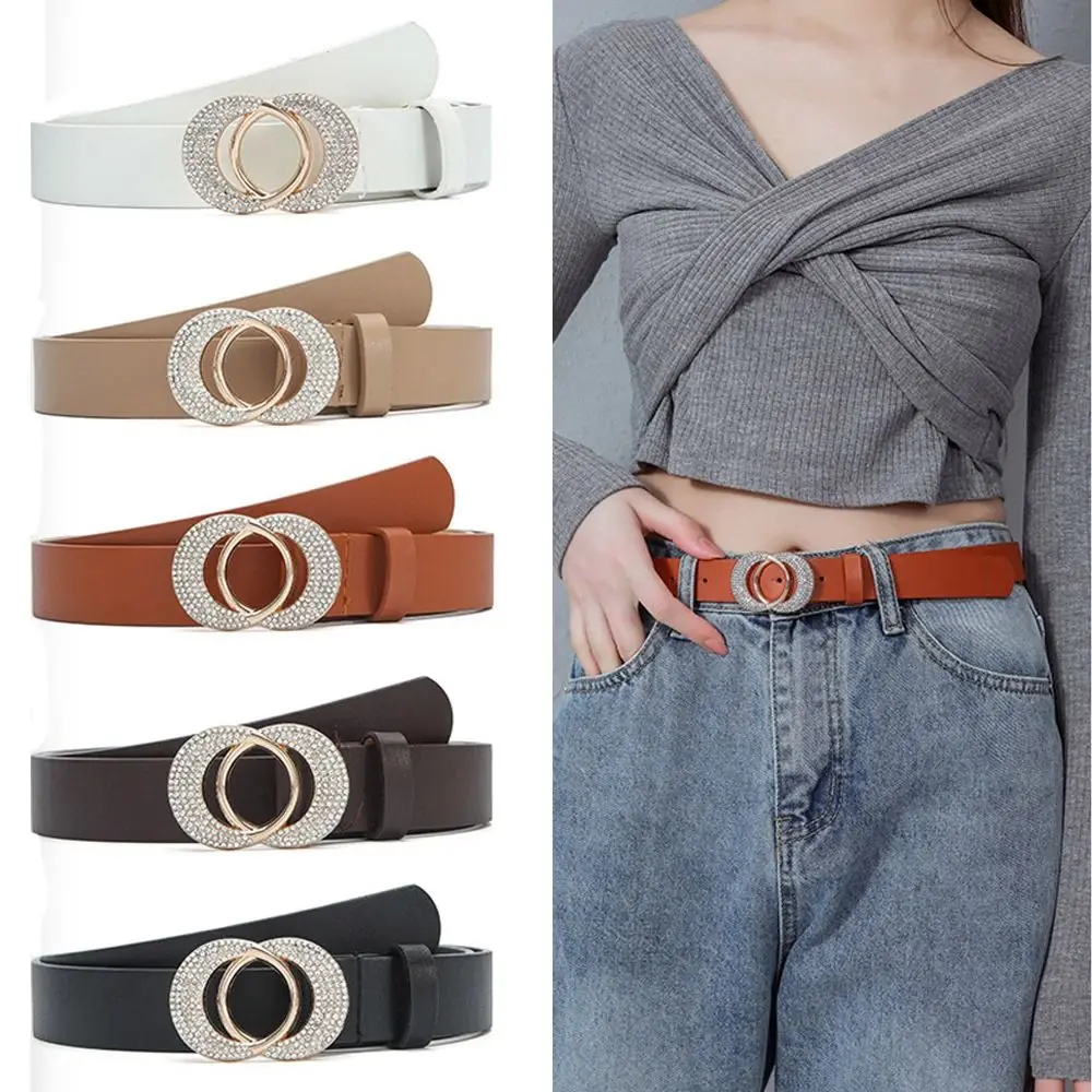 

Fashion Wild Skirt Casual All-Match Double Ring Buckle Waistband Ladies Dress Belts Pants Bands Rhinestone Leather Belt