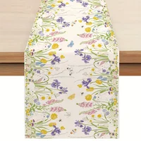 Happy Easter Theme Bunny Linen Table Runner Holiday Party Decor Spring Watercolor Wildflowers Plants Table Runners Table Decor 1