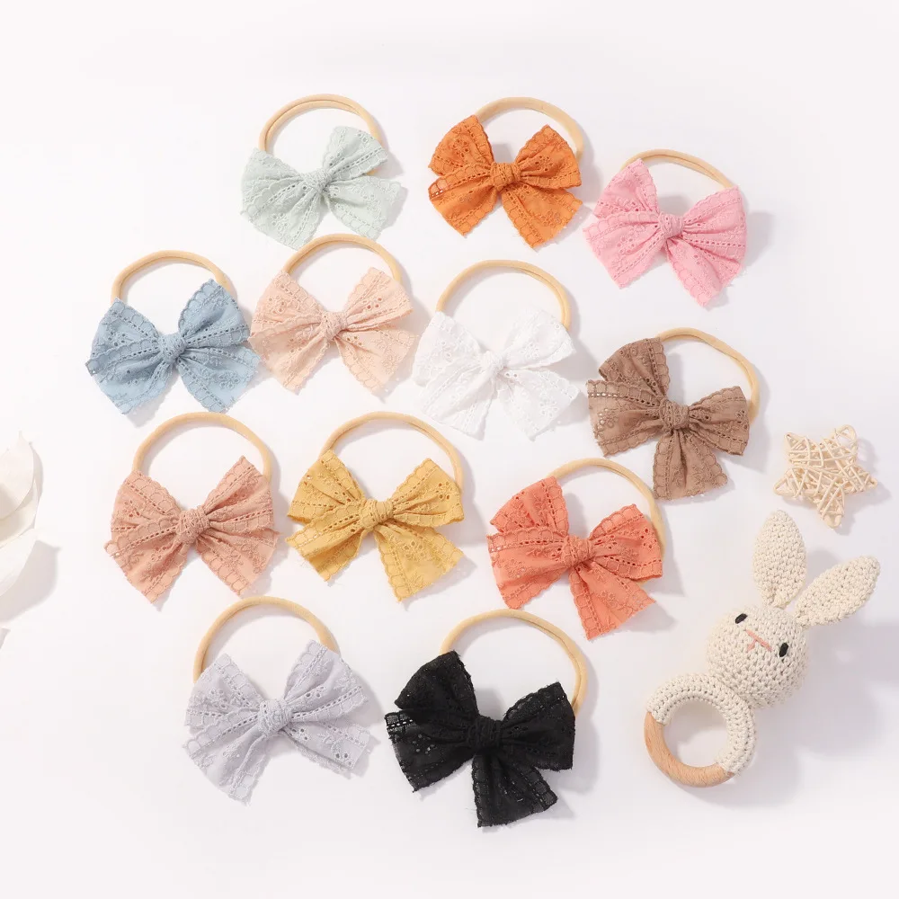 Baby Nylon Bow Headband for Girls Soft Headbands Elastic Children Hairbands Cotton Lace Embroided Flower Hair Accessories 3.8\'\'